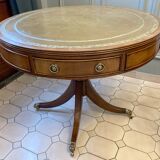 Table tambour 1900  merisier cuir et laiton