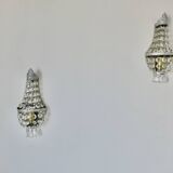 Pair of silver-plated balloon wall lights with pendants, circa 1970.