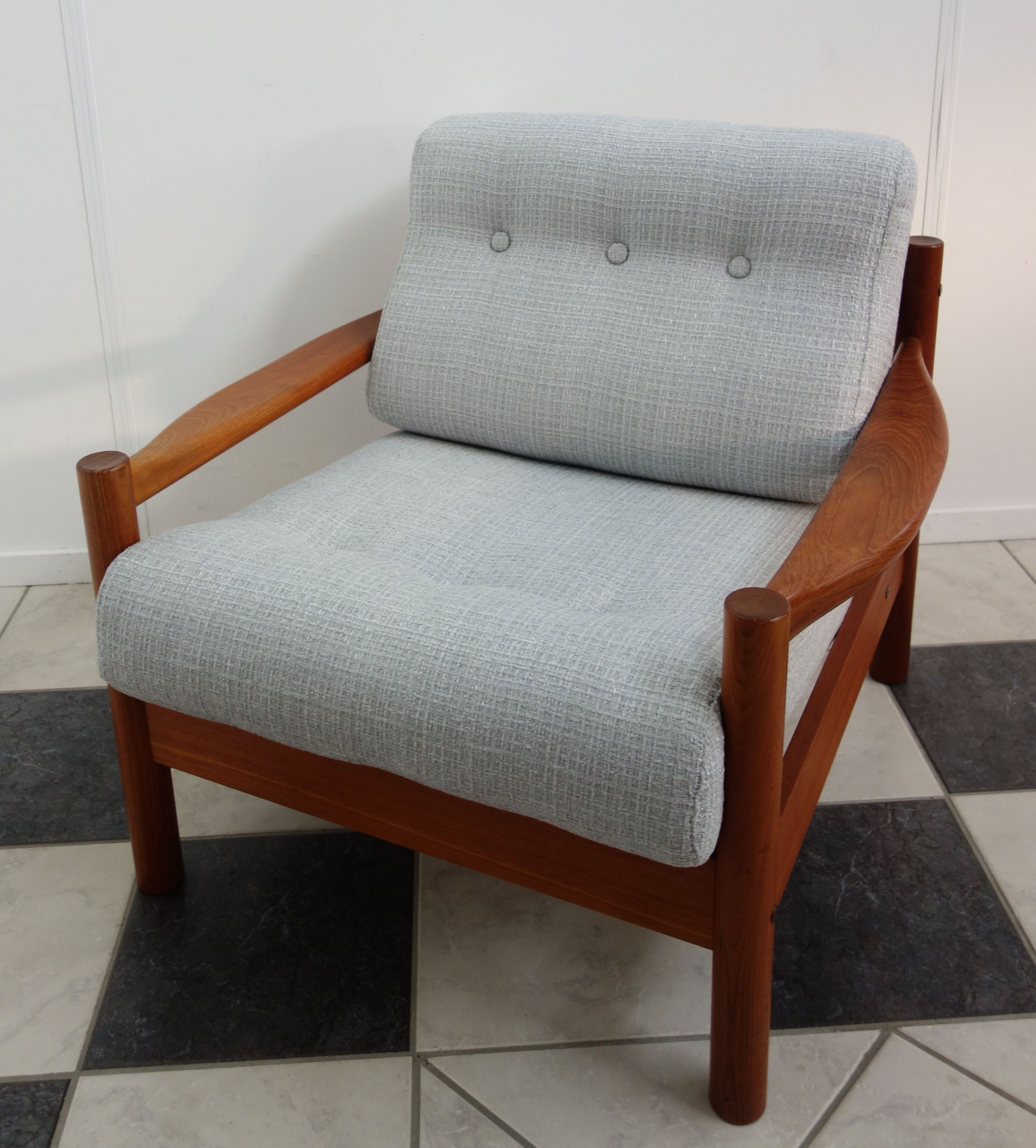 Teak danish chair with light grey upholstery
