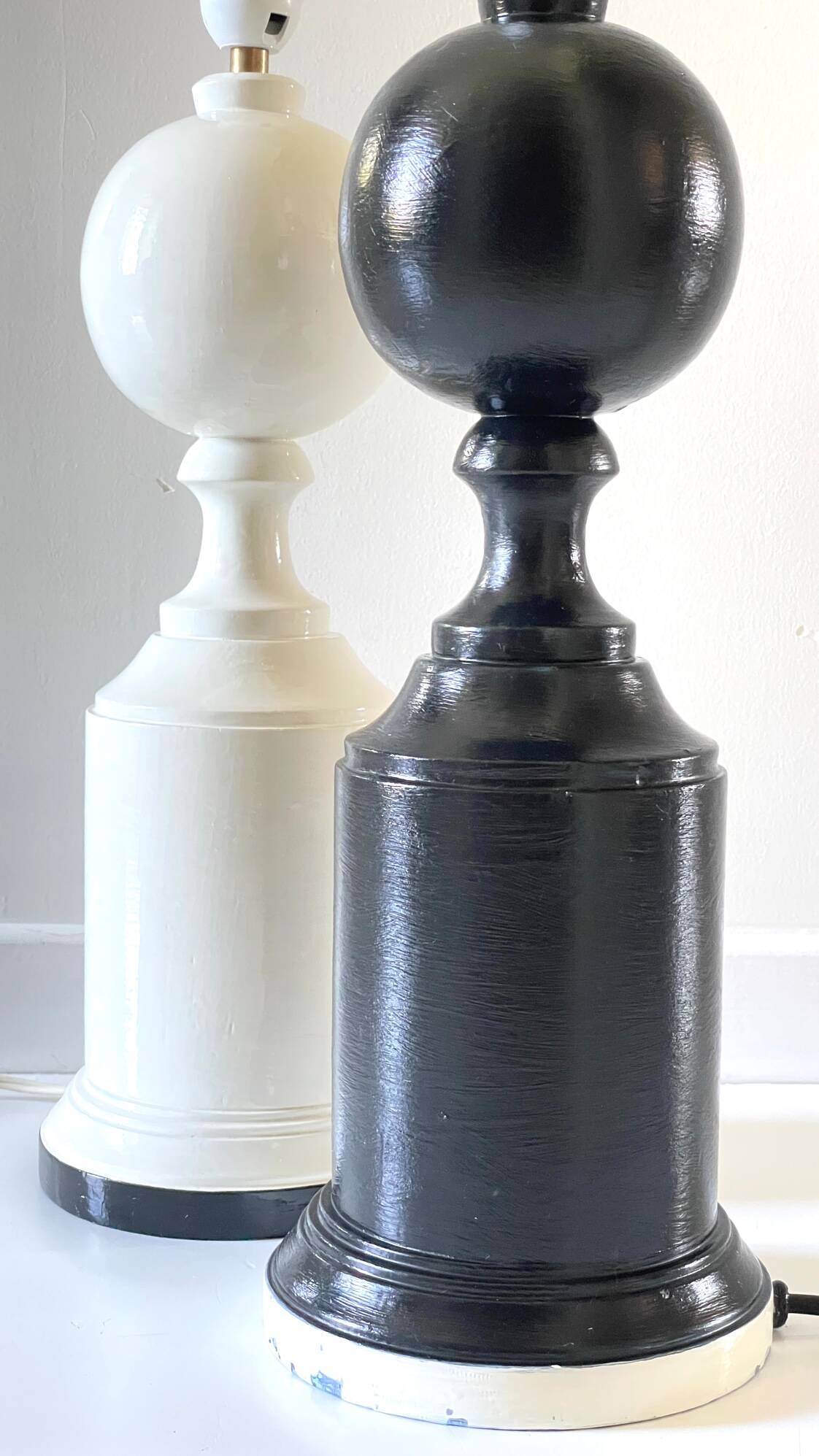 2 Vintage Black and White Turned Wood Lamp Bases