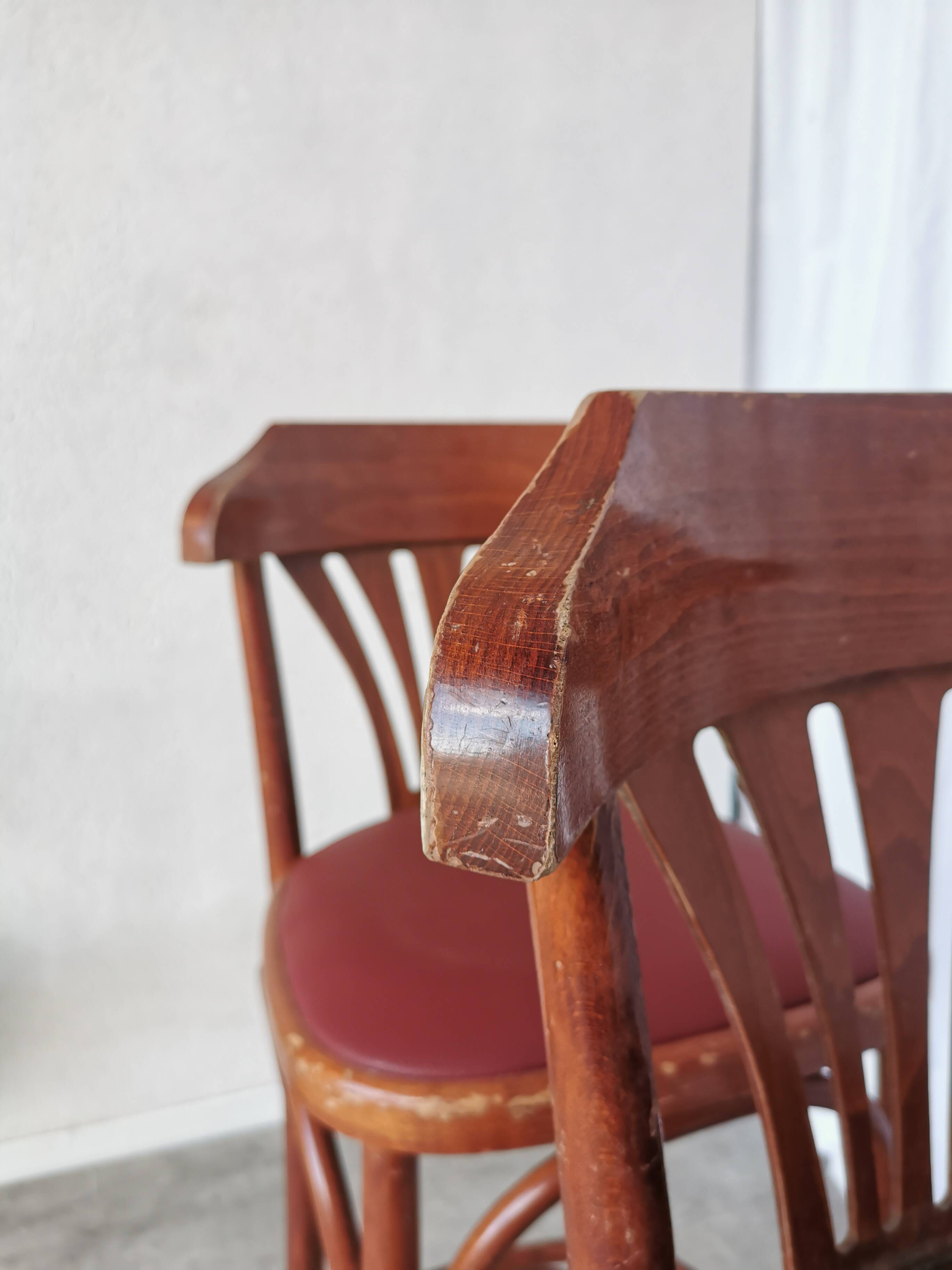 Mid-Century Thonet Style Bar Stools: Red Faux Leather Seat, Set of 2