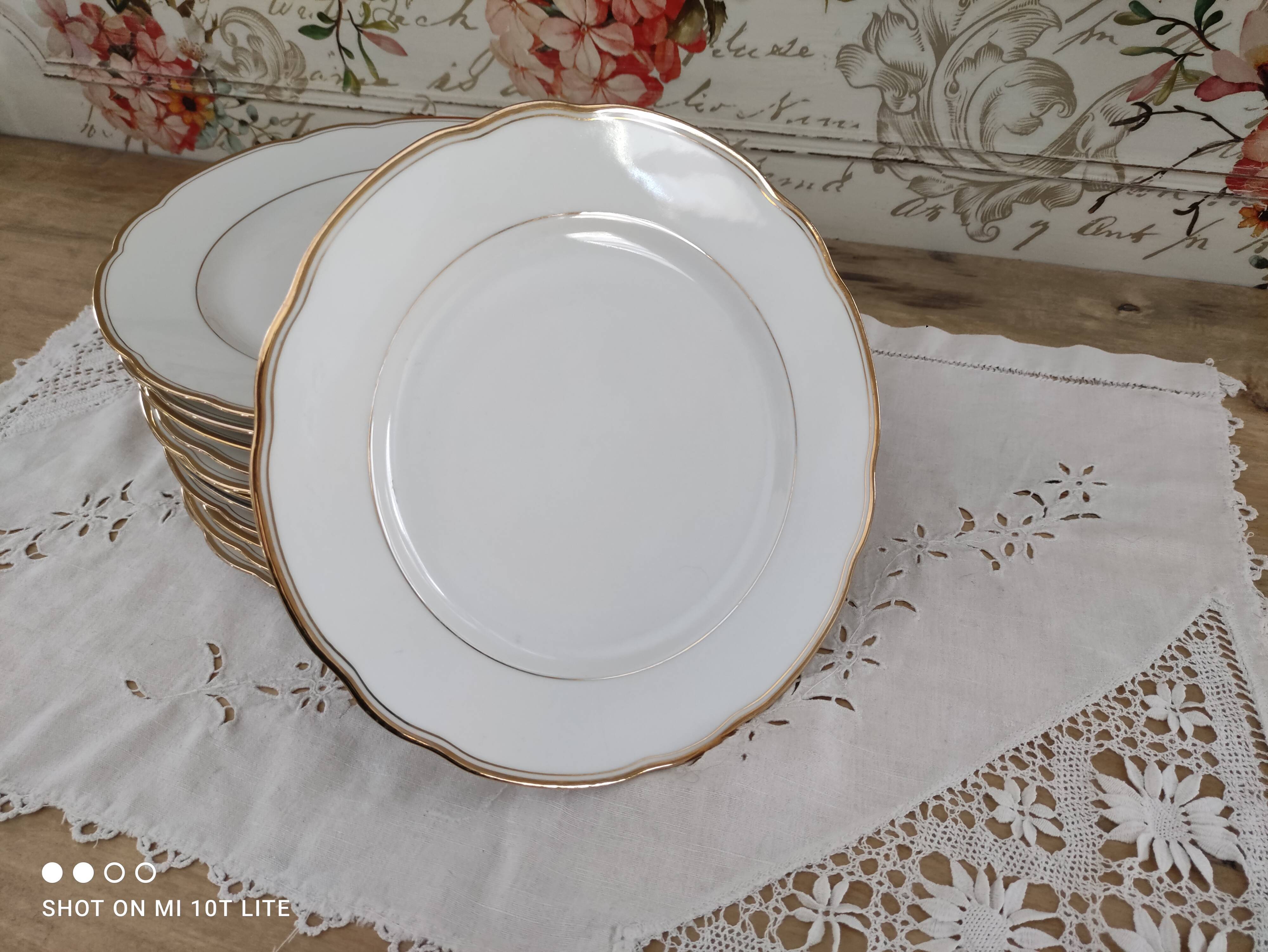 Lot de 12 assiettes plates en porcelaine suisse blanche double liseré doré "VSK USC Viribus Unitis"
