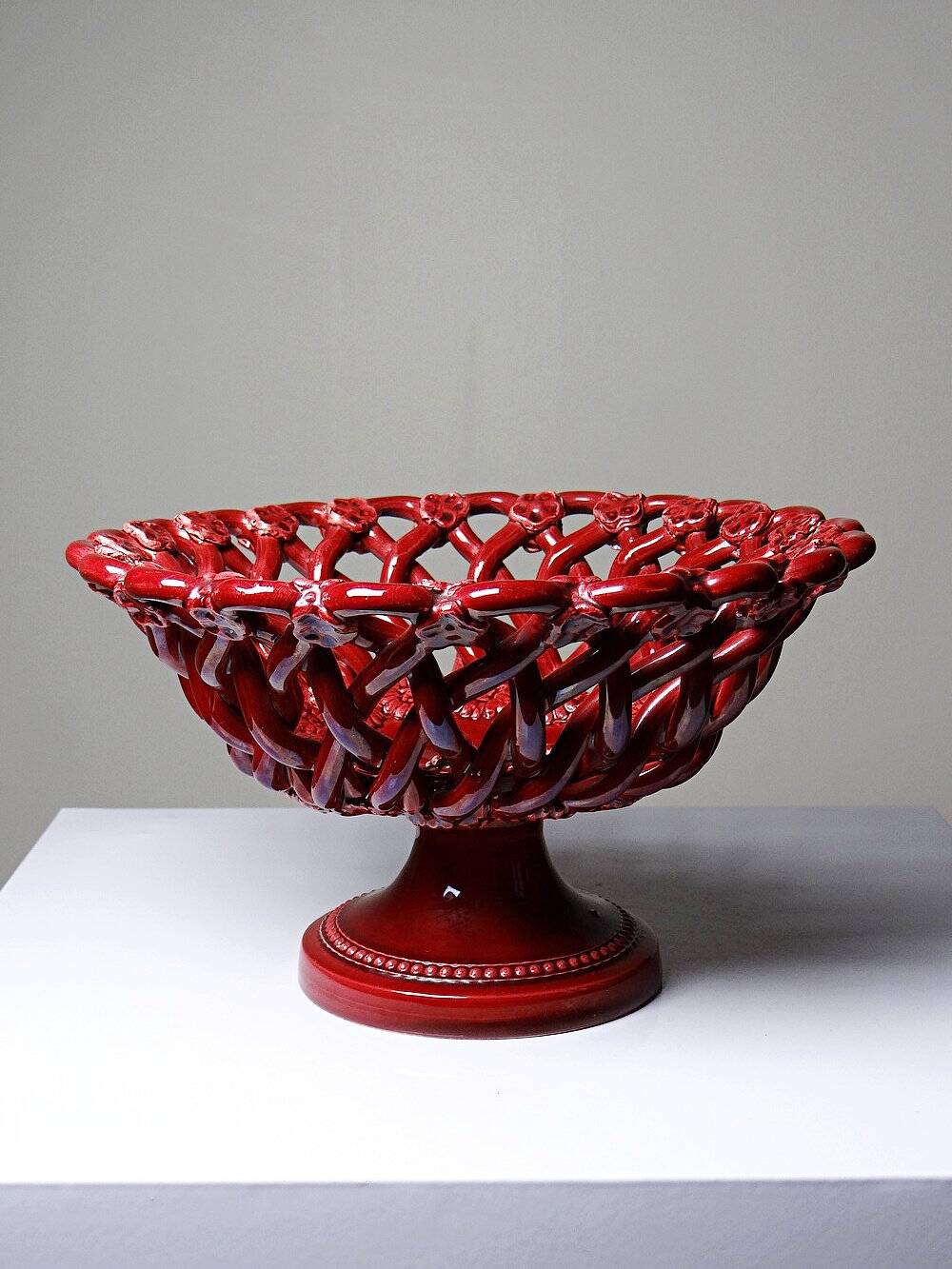Small vintage 1970s-90s openwork braided red ceramic bowl by Pichon Uzès