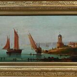 Tableau "Sailboats on the Mediterranean", oil on panel, French school of the 19th century.