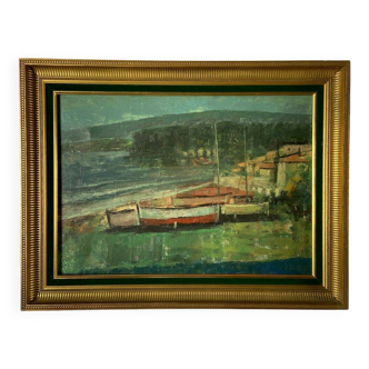 Oil on canvas 1950 marine stranded boats