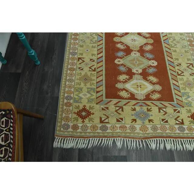 1970s Vintage Turkish Oushak Handmade  Red Yellow Area Rug 152x223
