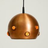 Original 1960s solid copper pendant lamp with orange synthetic glass stones