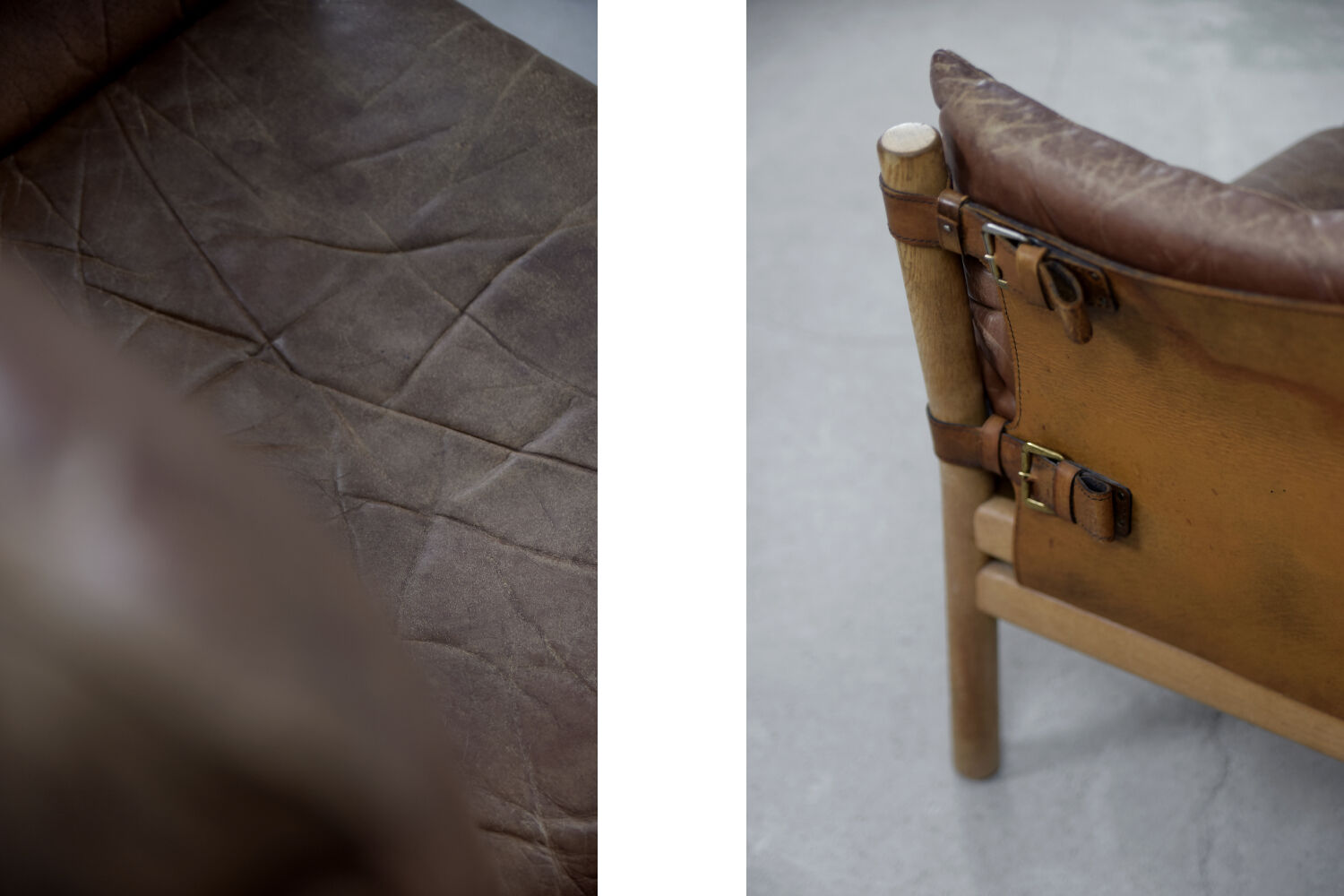 Vintage scandinavian oak & leather 2-seater Safari sofa, 1960s