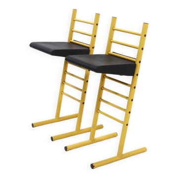 2 tabourets de bar en métal jaune, Italie années 1980