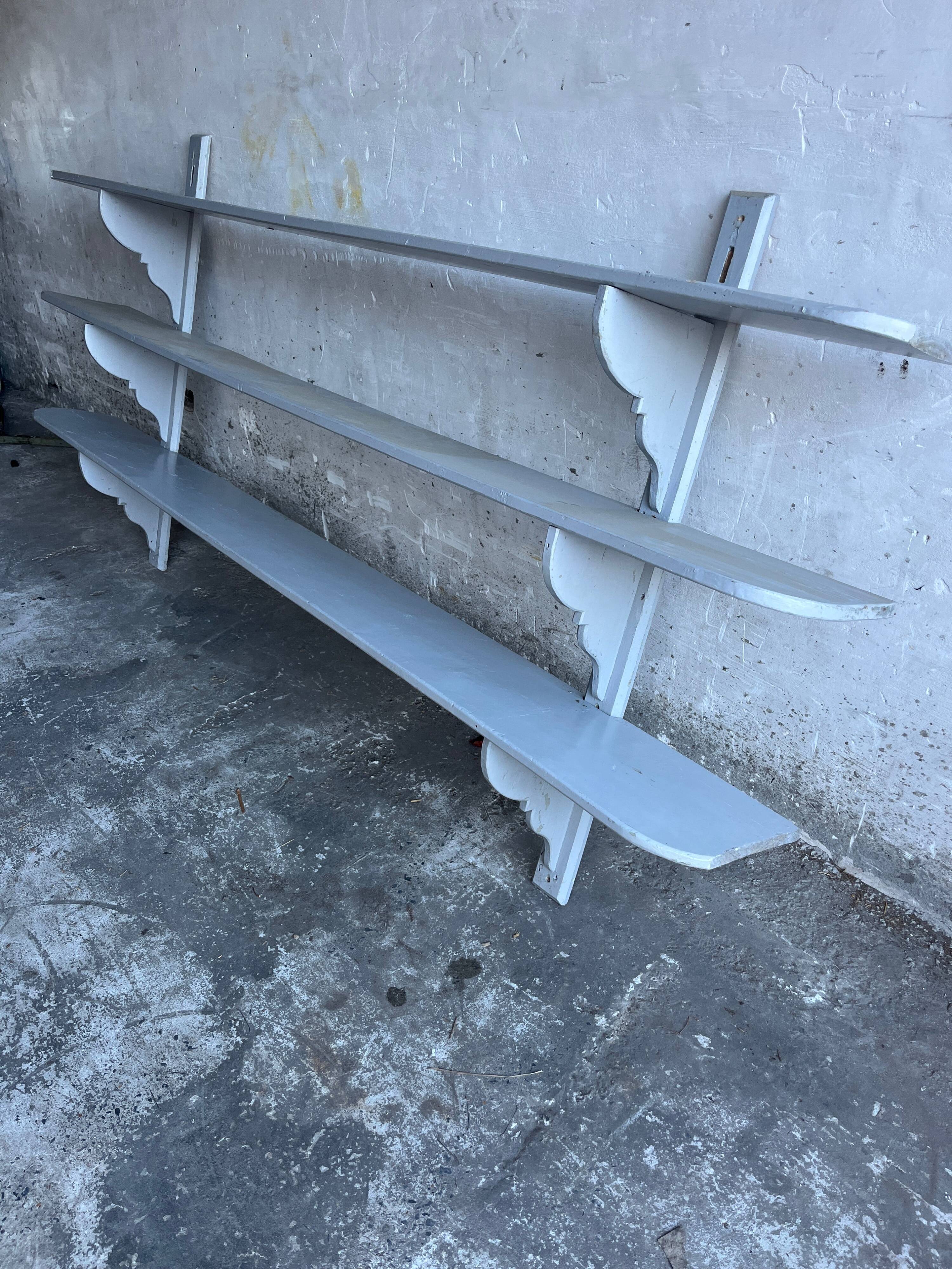 XL Antique French Wall Rack — Painted Grey Solid Wood, 3-Tier 249cm Industrial Farmhouse Shelf