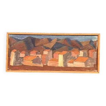 Huile sur toile suédoise "Paysage urbain" par Johan Lundgren, encadrée