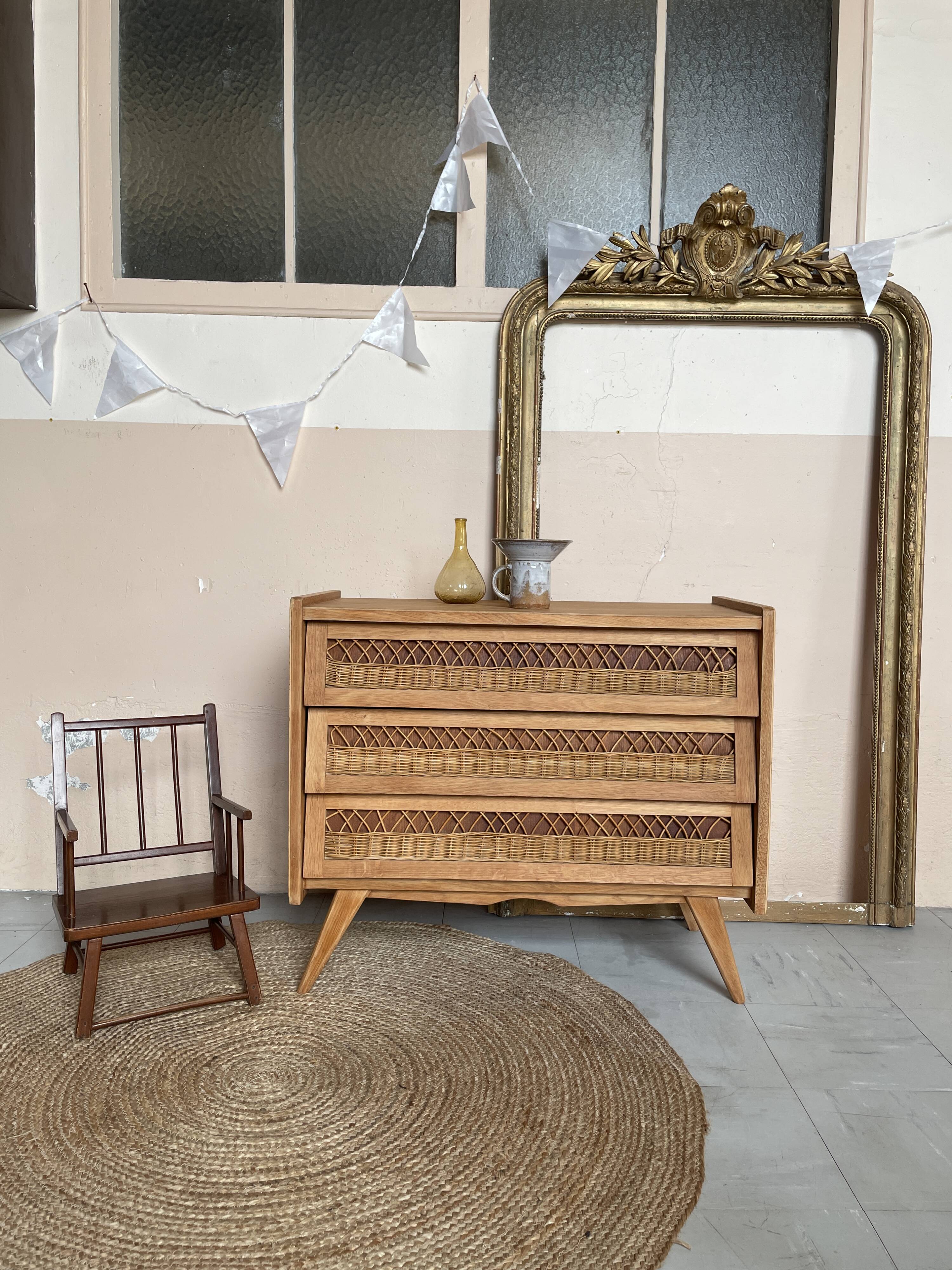 Commode Vintage Bois et Rotin