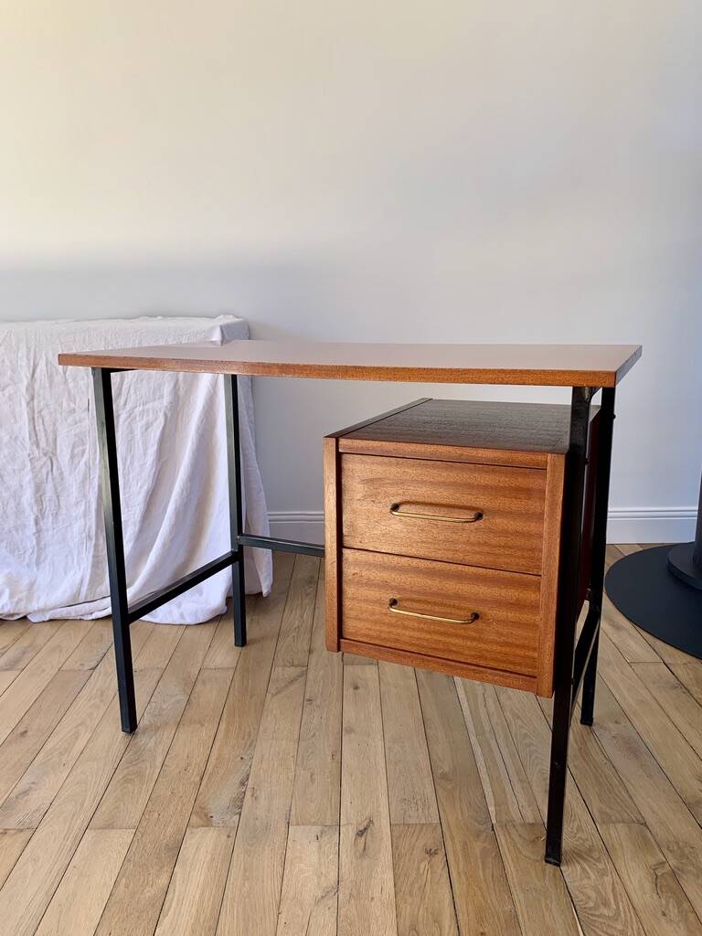 lacquered wood desk and black steel legs design from the 60s and 70s
