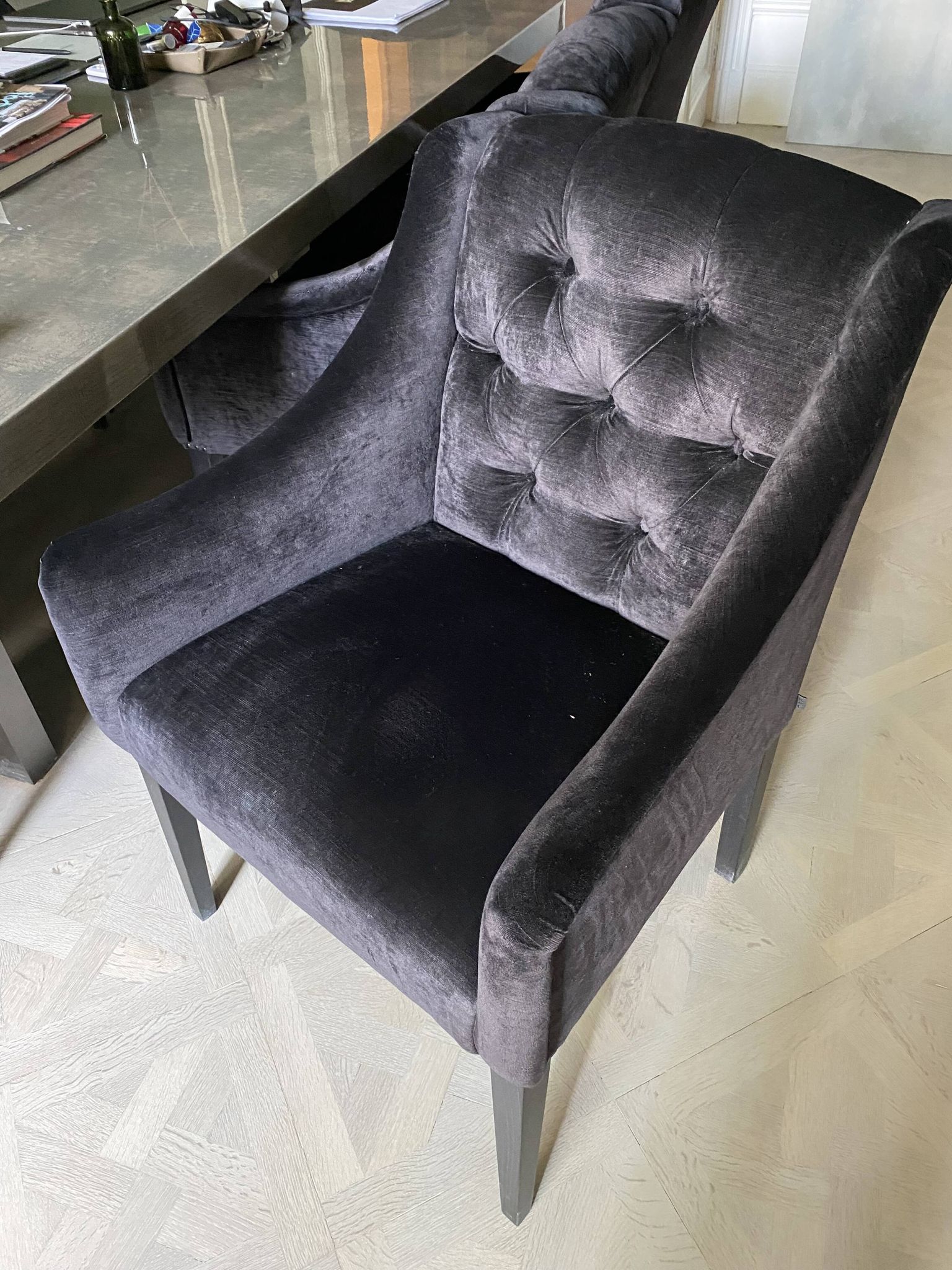 set of 8 upholstered dining chairs in black velvet