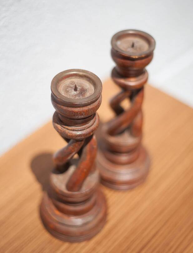 Pair of twisted wooden candle holders, wooden candle holders, carved wood, wooden candle holders, interior decoration