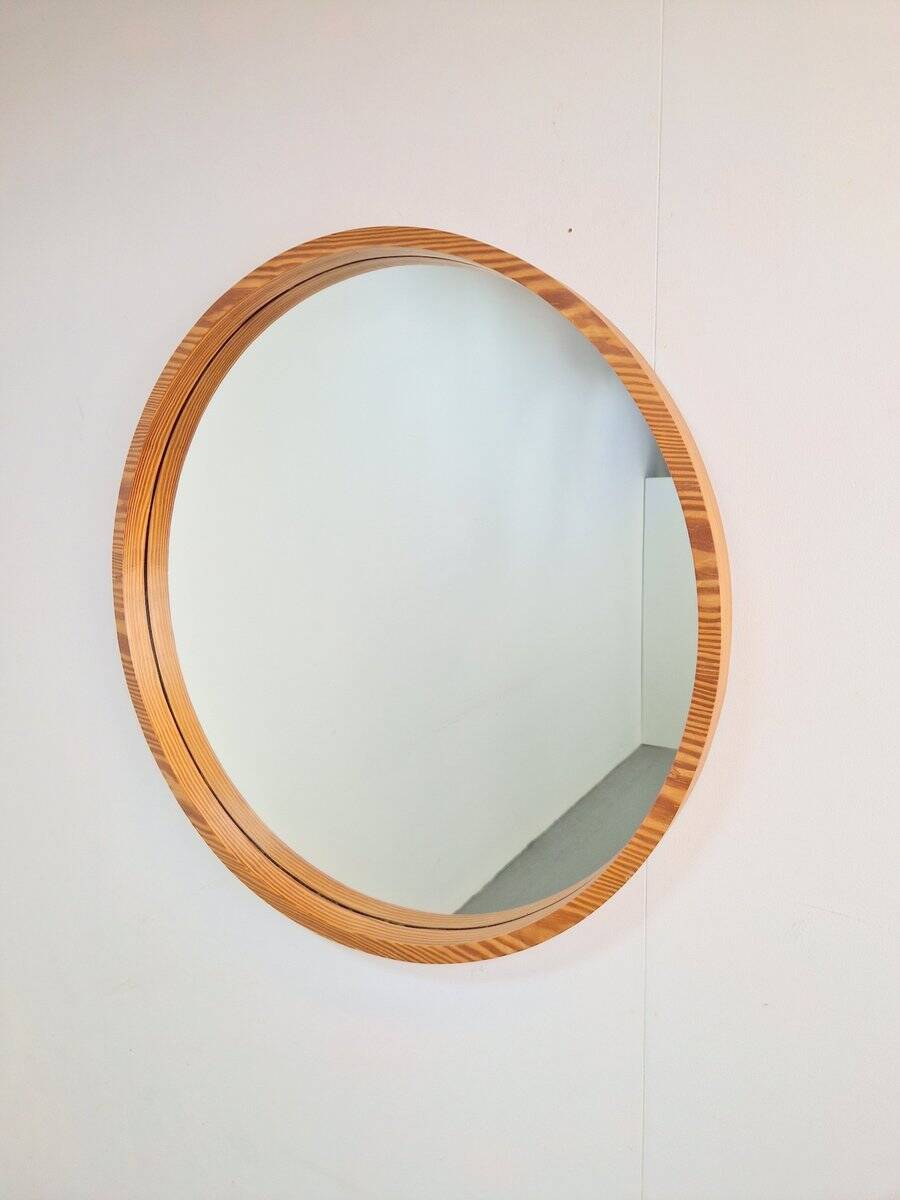 Large Mid-Century Round Pine Mirror, Denmark, 1960s