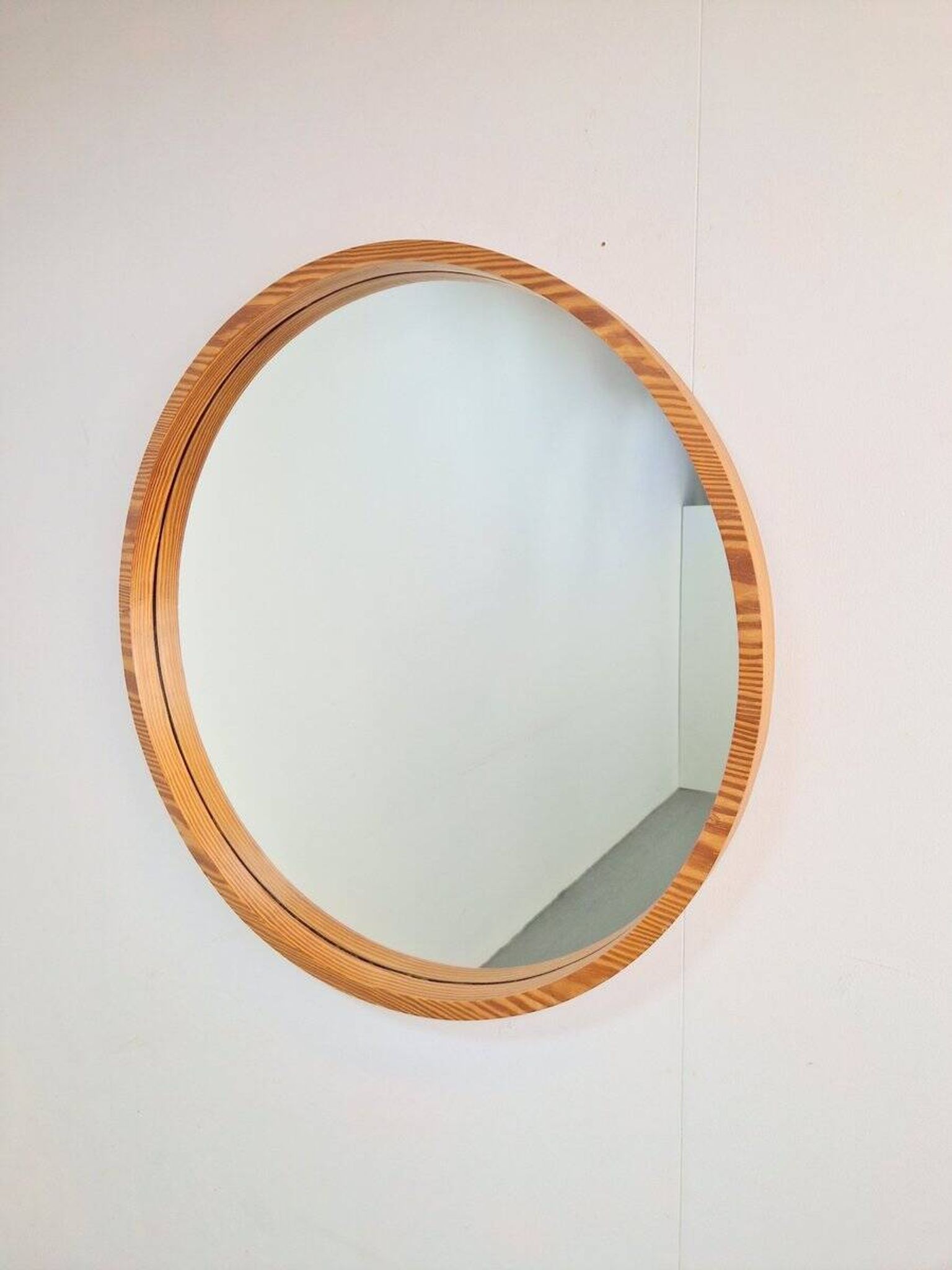 Large Mid-Century Round Pine Mirror, Denmark, 1960s