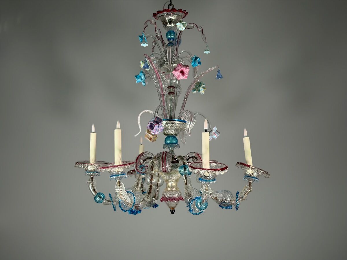 Venetian Rezzonico chandelier in multicoloured Venetian glass circa 1900