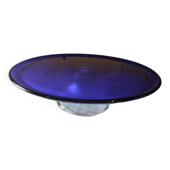 Plat à tarte sur pied en verre bleu cobalt