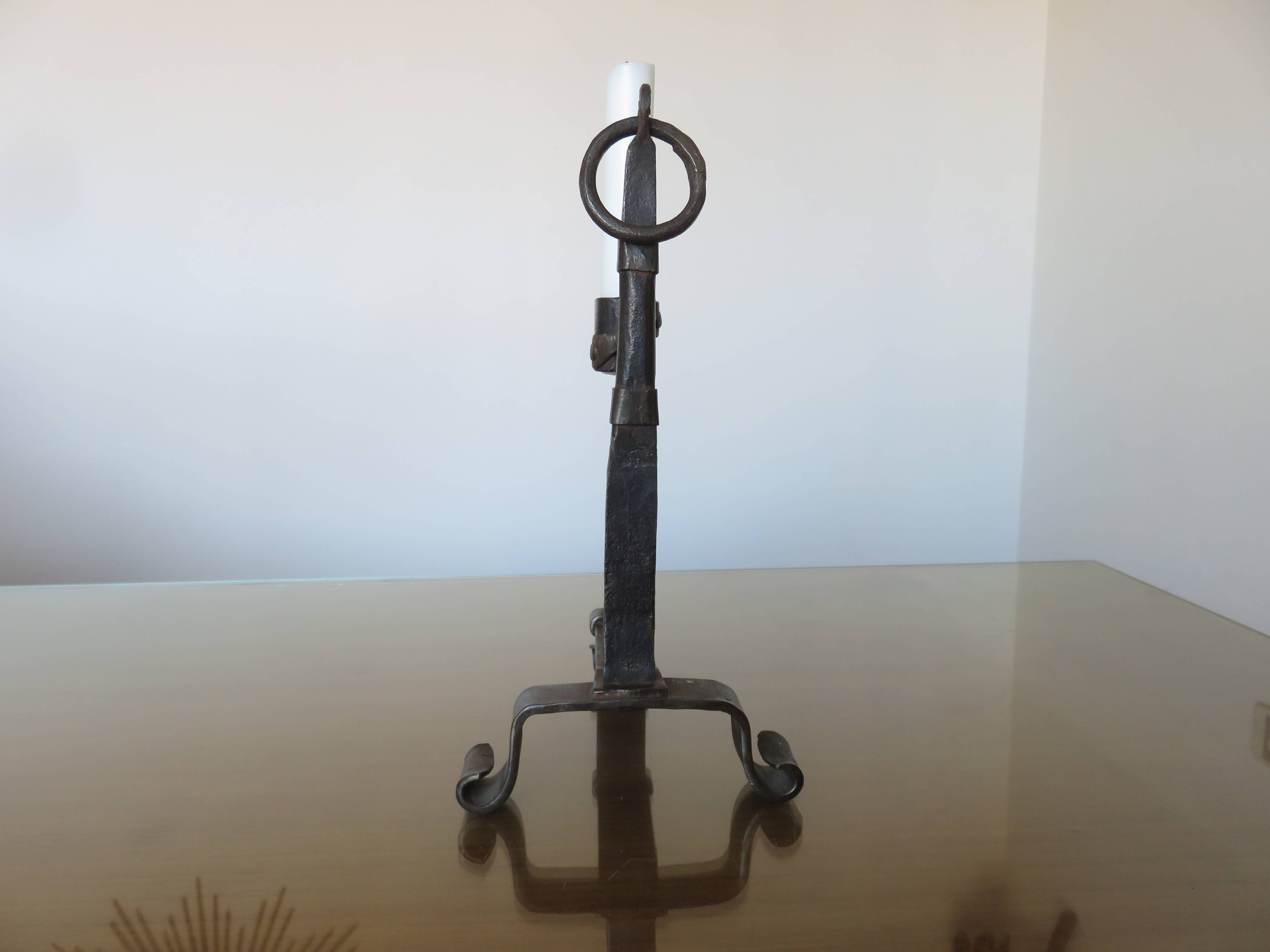 Brutalist candlestick in blackened wrought iron from the 1940s-50s.