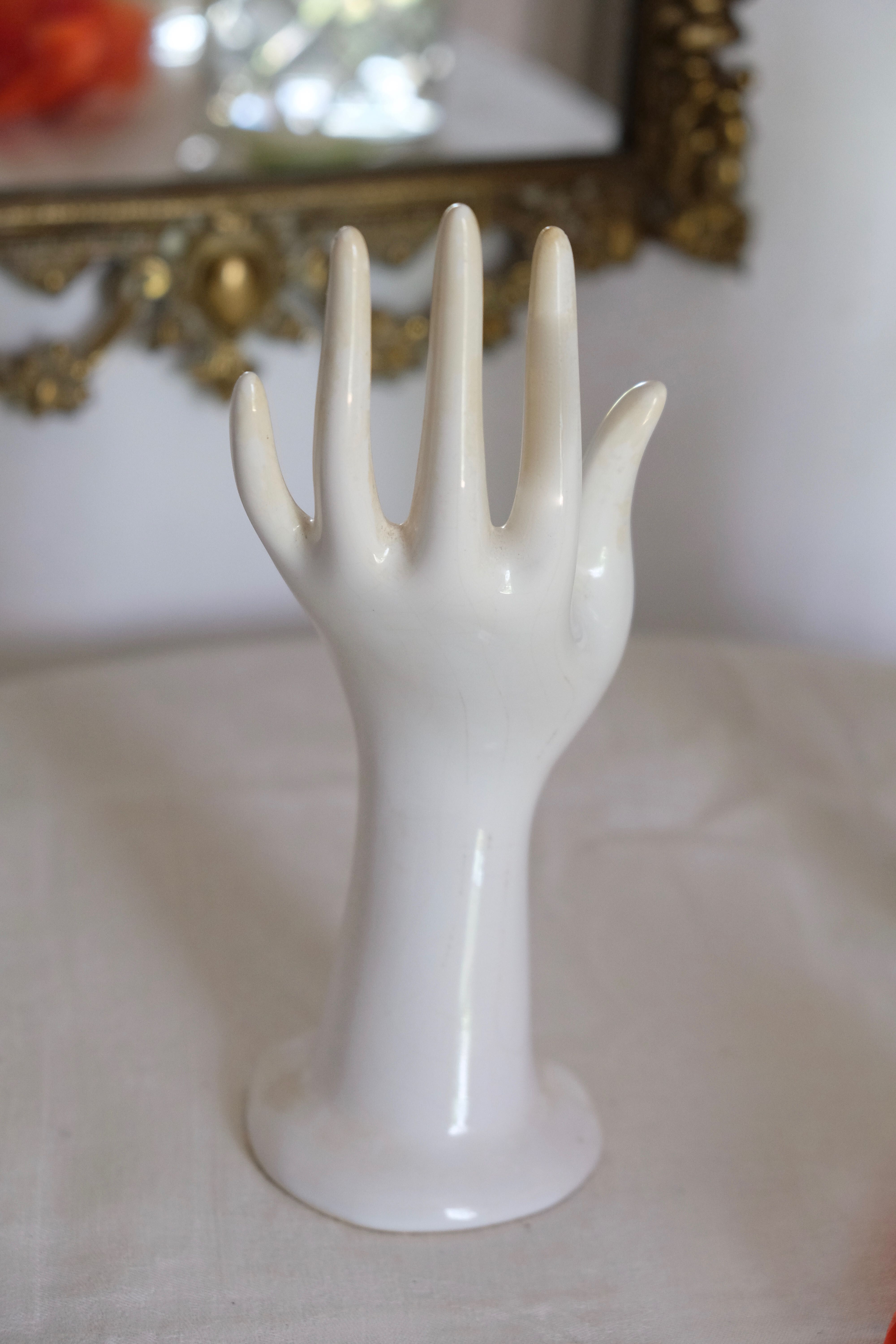 Hand baguier jewelry display or white porcelain vase 70s Vallauris