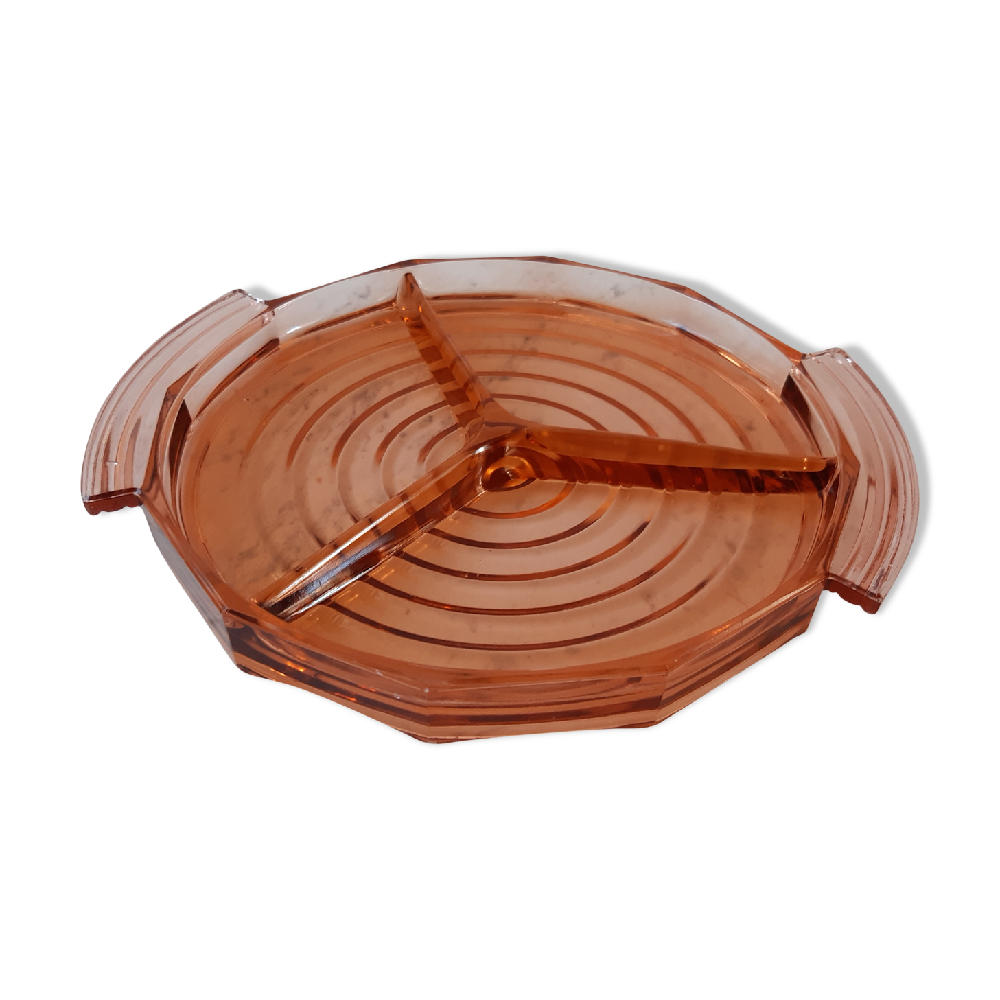 Tray with compartments in pink art deco glass