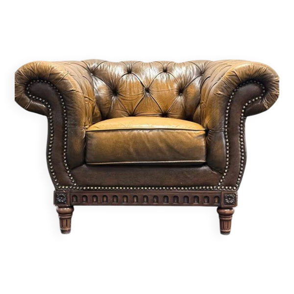 Fauteuil Chesterfield vintage en cuir marron