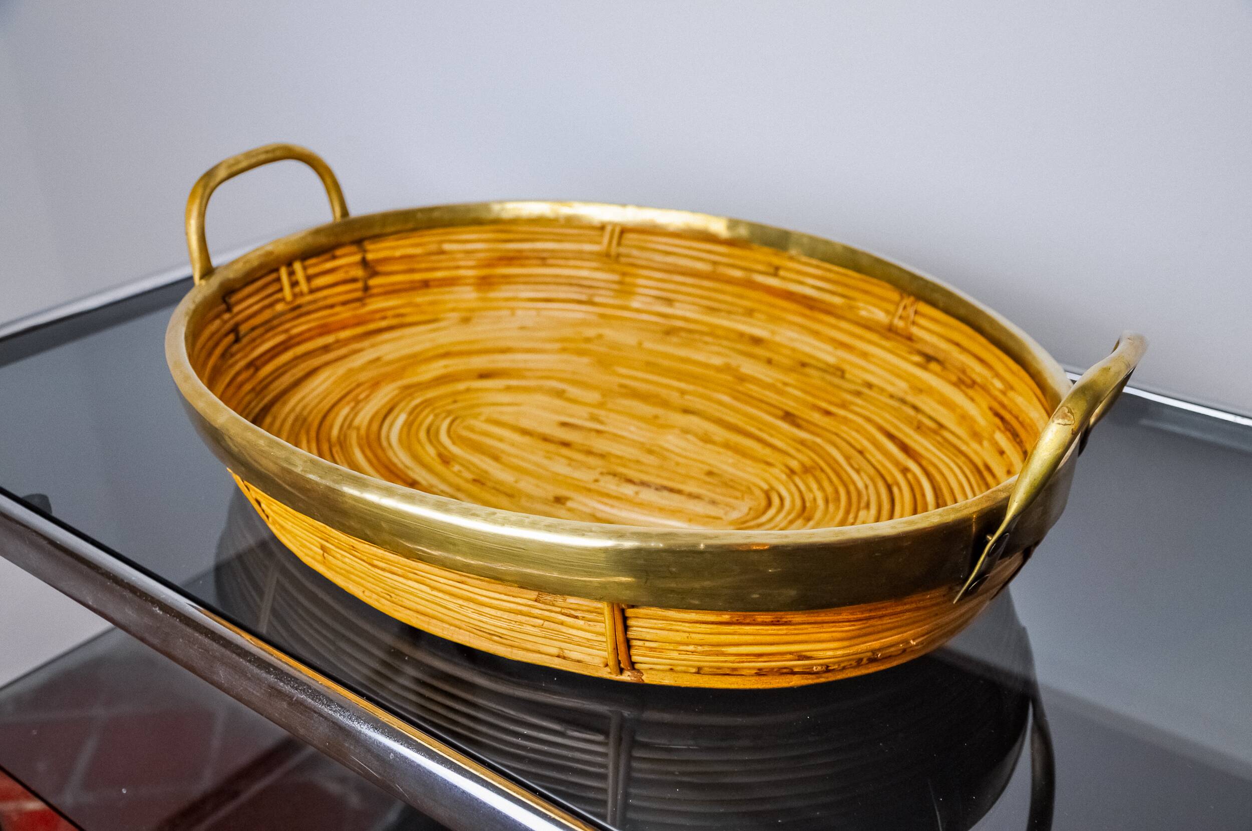 Rattan and brass tray, Italy, 1970