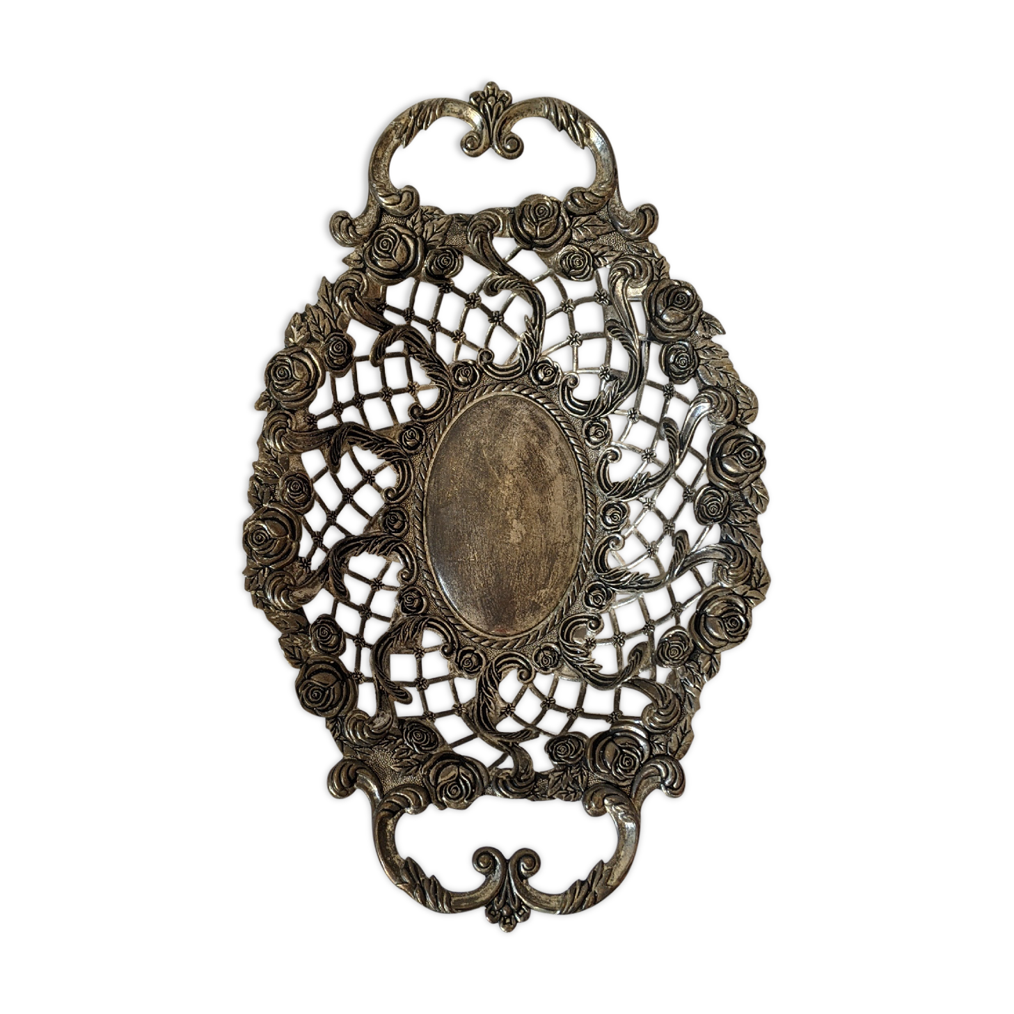 Beautiful silver metal basket with rose decoration