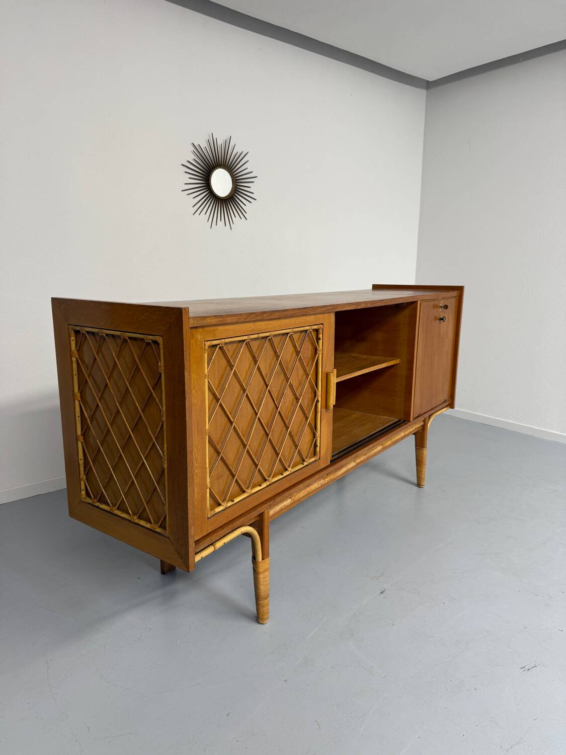 Antique French vintage 50s design wooden and rattan sideboard