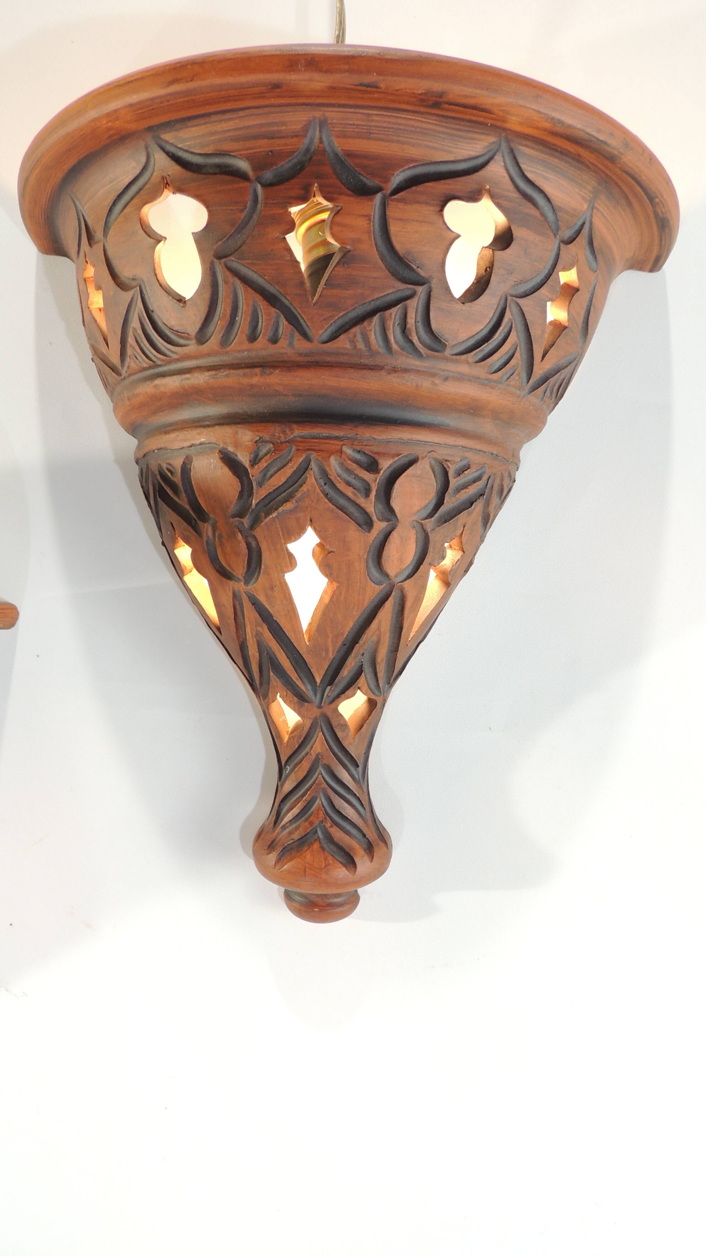 Suspension and pair of terracotta/vintage wall lights