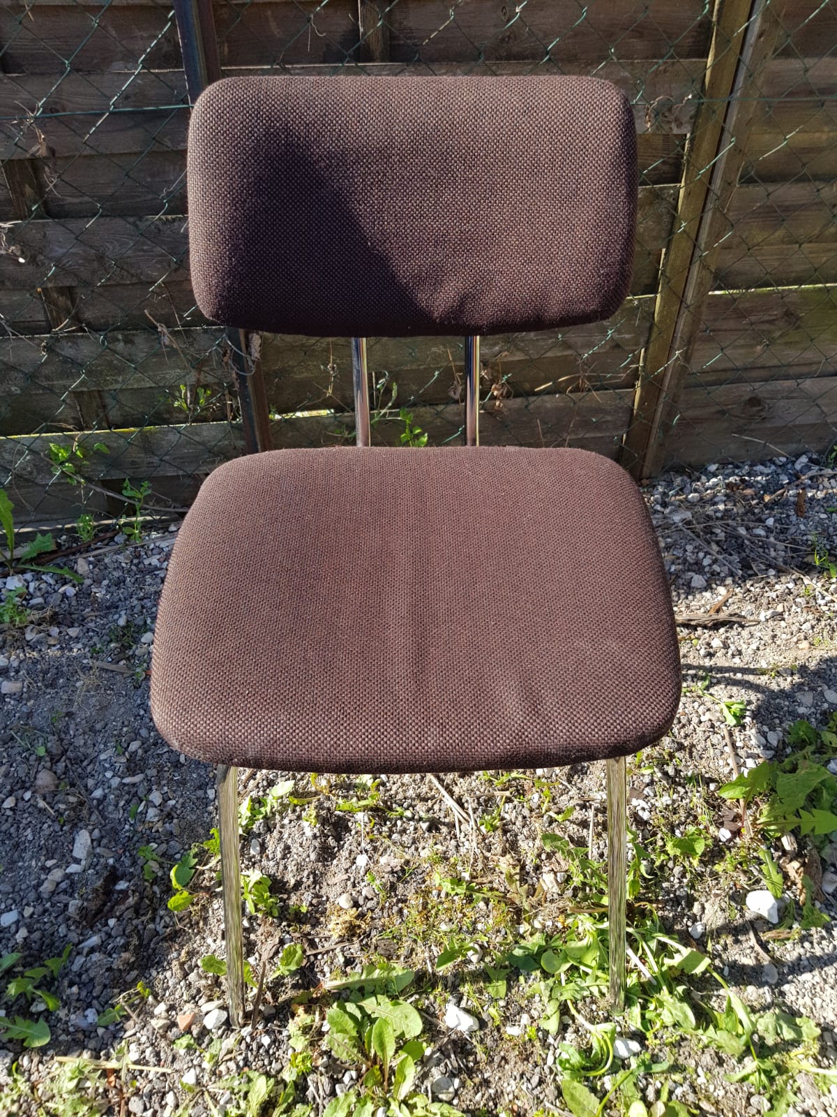 Pair old metal chair chromé - vintage 70s brown fabric