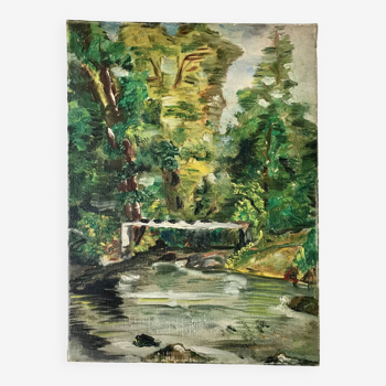 tableau huile sur toile rivière vintage