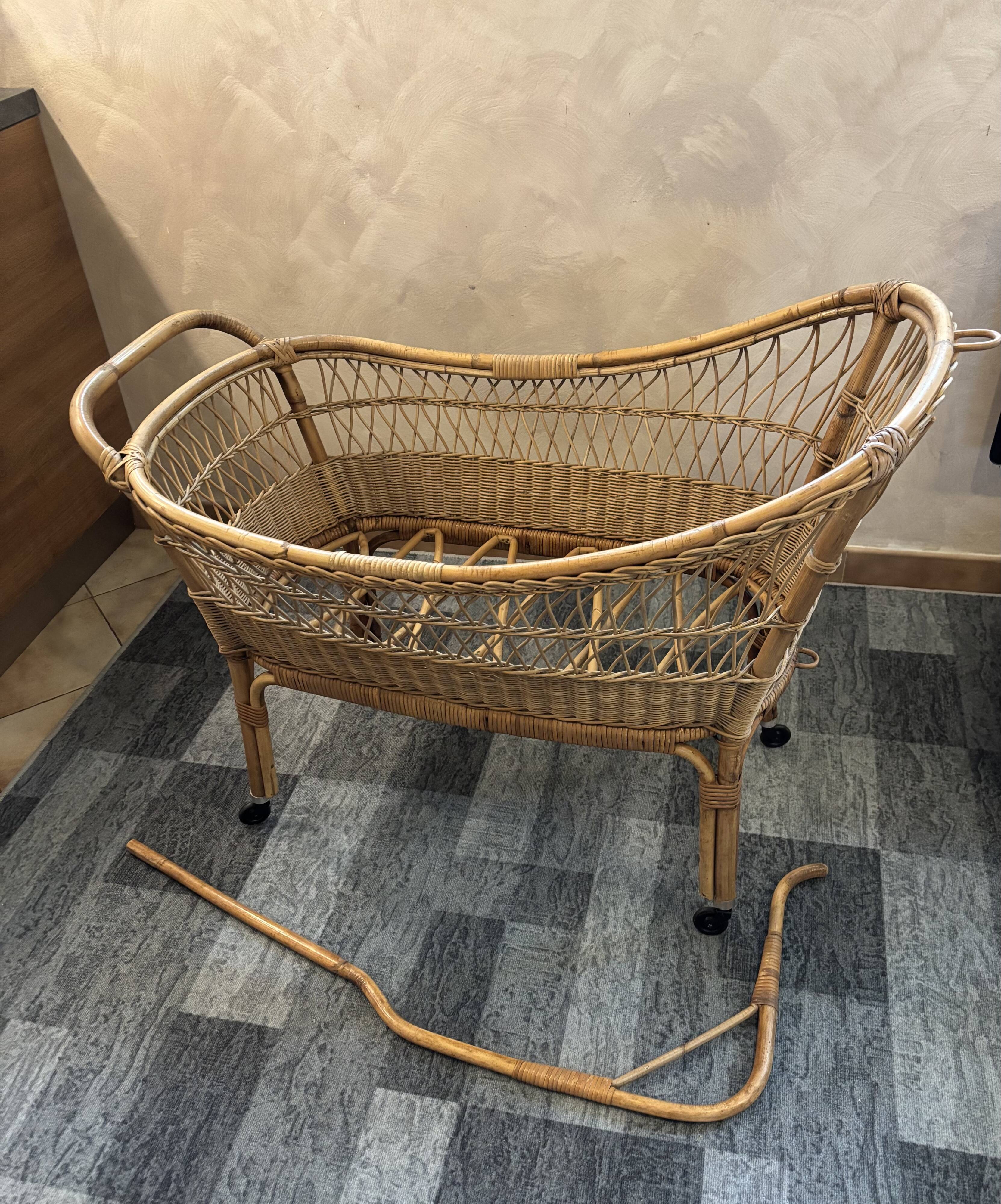 Baby rattan cradle, 1960s