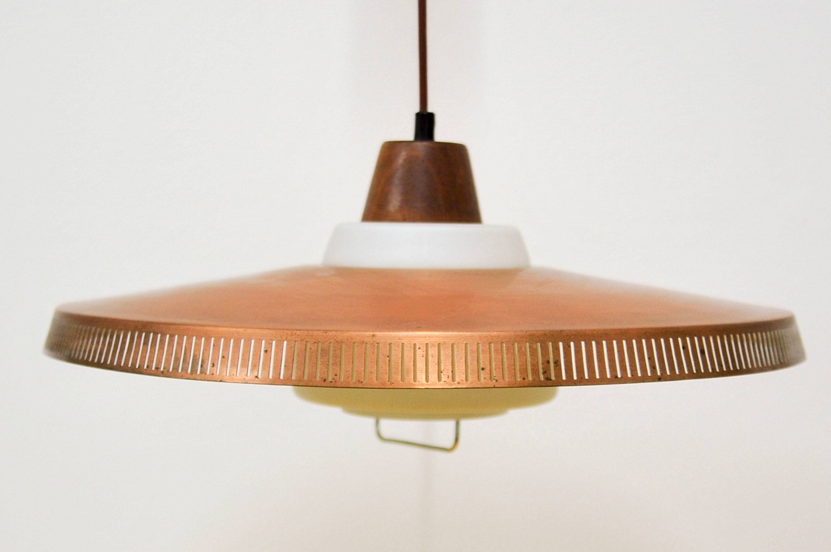 Copper milk glass & teak hanging lamp bent karlby for lyfa