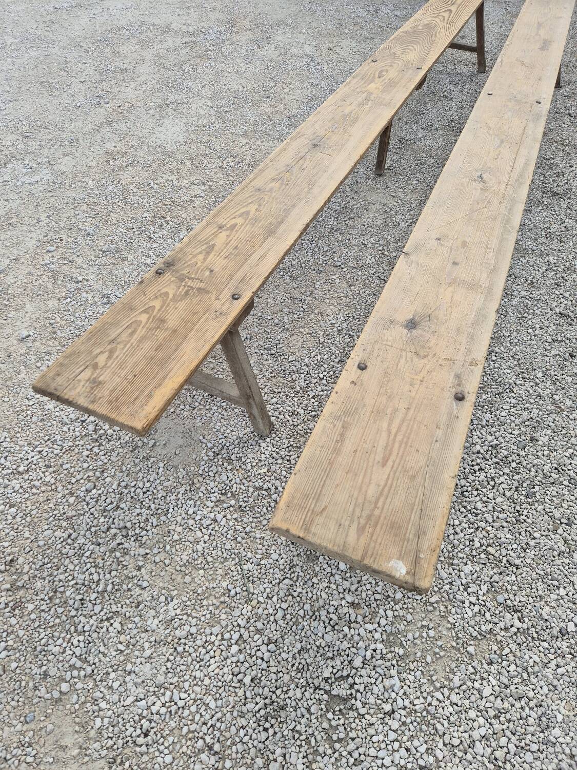 Pair of rustic oak and fir farmhouse benches 1900s - 3m85