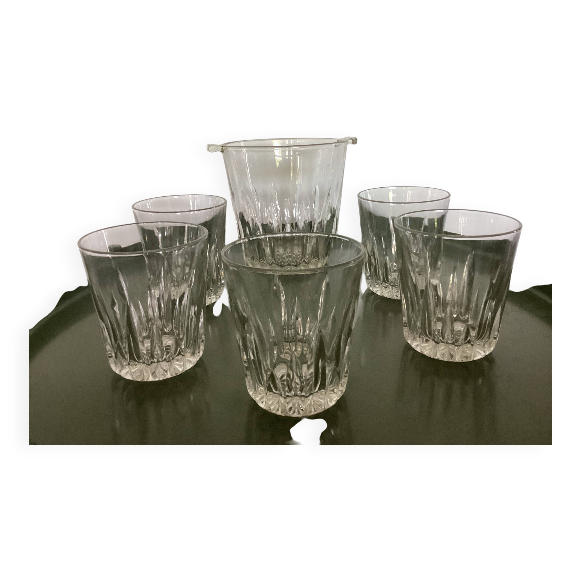 Original clear glass ice bucket with 5 glasses