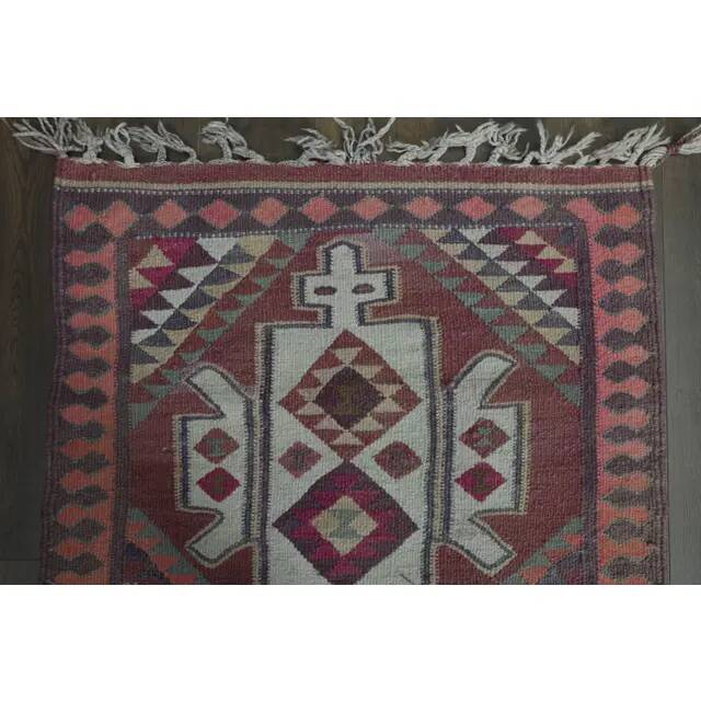 1970s Vintage Turkish Oushak Handmade Wool Cotton Purple Runner Rug 97x385