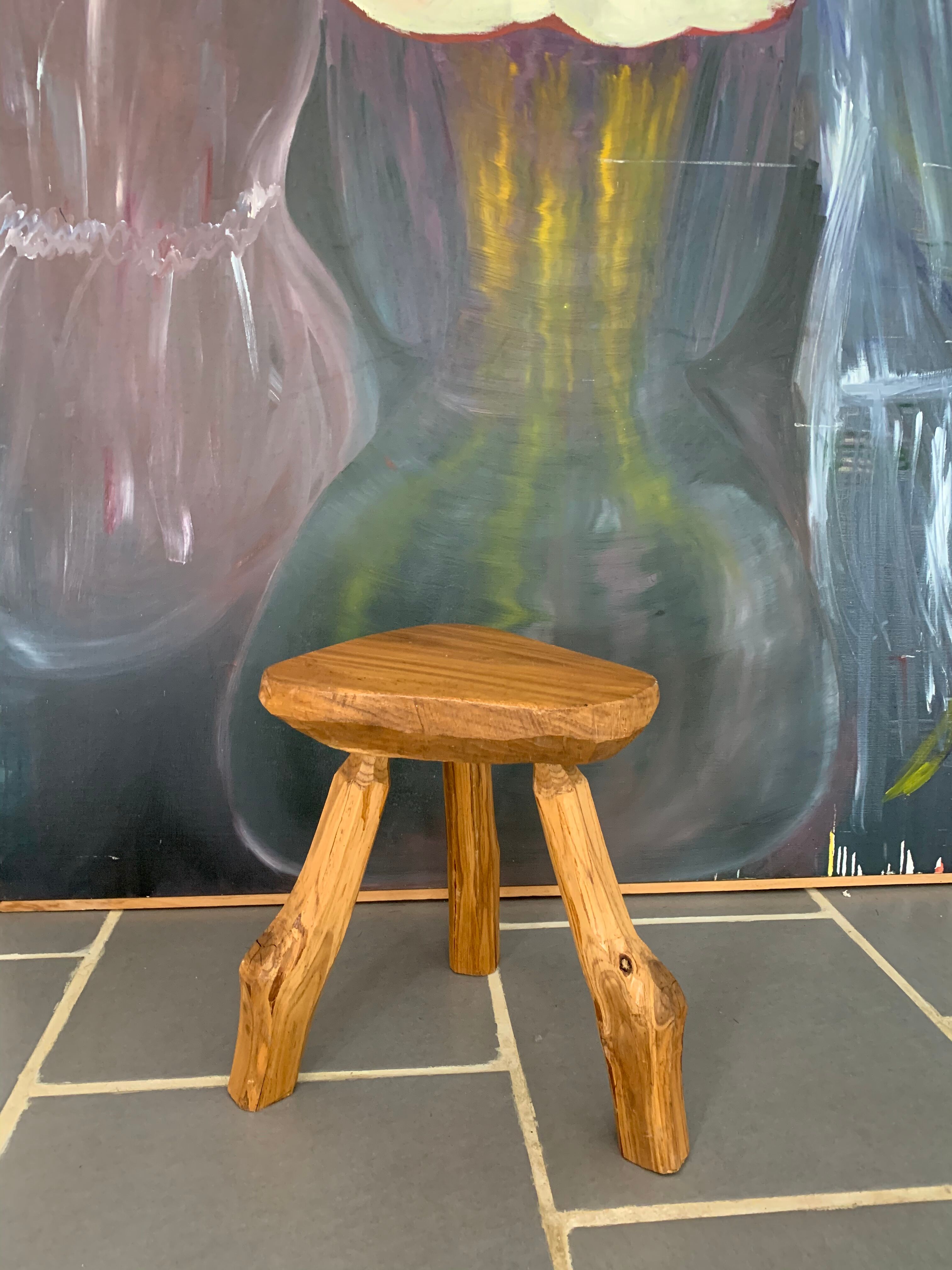 Vintage tripod raw wood stool