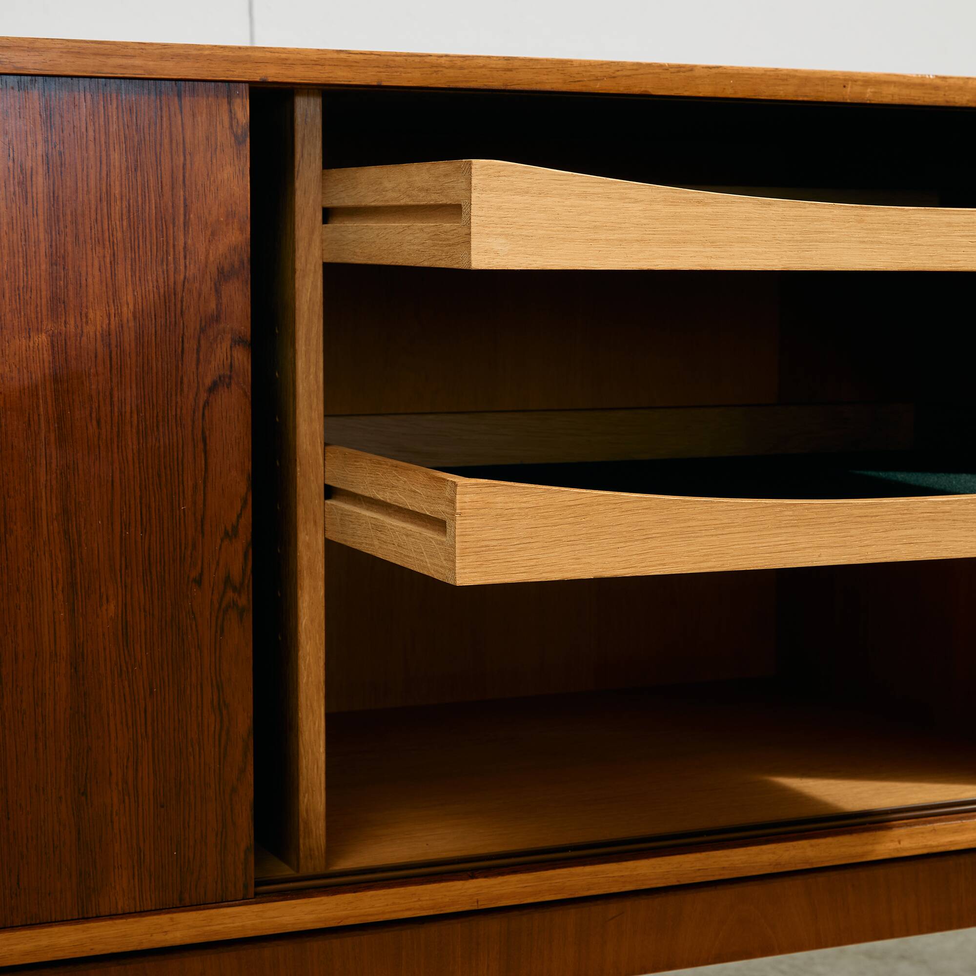 Rosewood and Teak Low Sideboard with Sliding Doors, 1960s