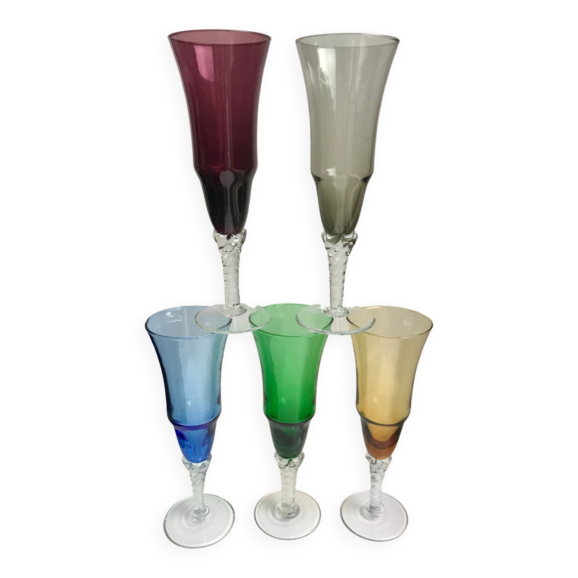 Set of 5 colorful champagne flutes feet worked 60-70s