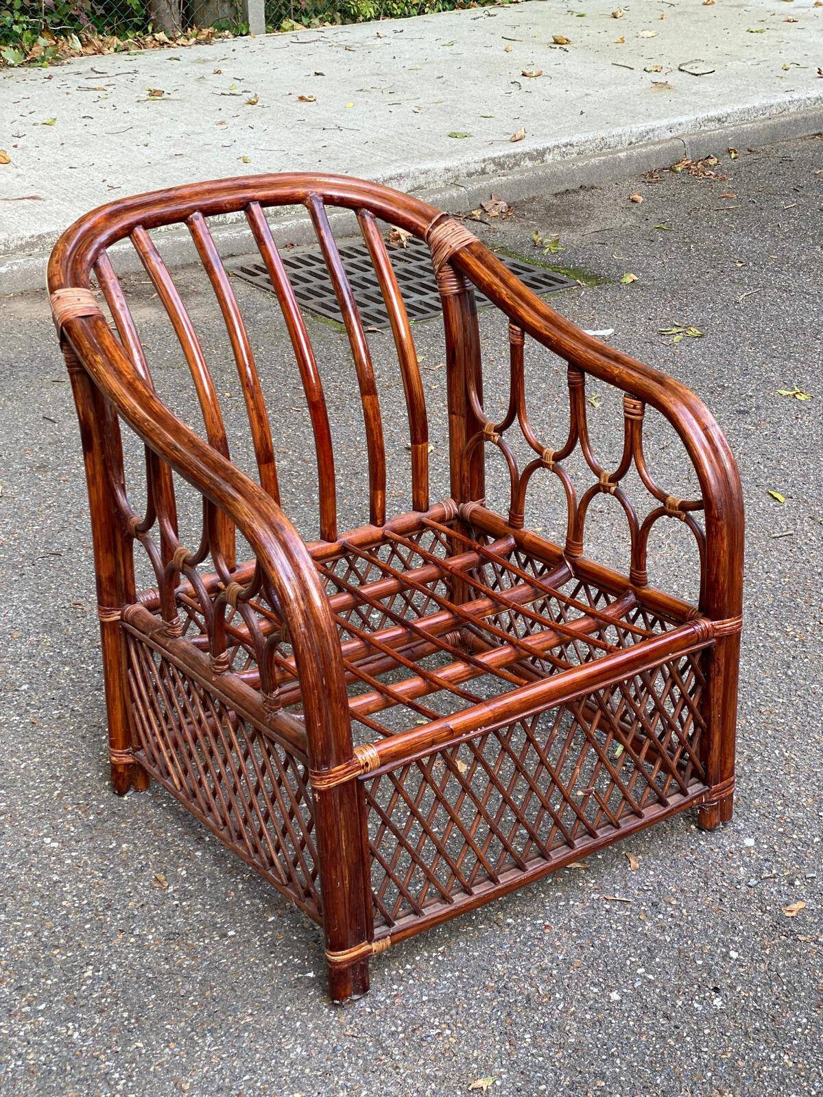Adult burgundy rattan and wicker armchair with cushion 1970