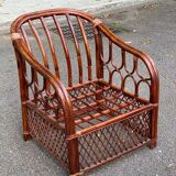 Adult burgundy rattan and wicker armchair with cushion 1970