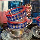 Four vintage coffee cups screen printed glass and metal