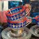 Four vintage coffee cups screen printed glass and metal