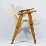 Original 366 armchair, designer J. Chierowski, 1960s icon, restored, cream fabric, teak wood