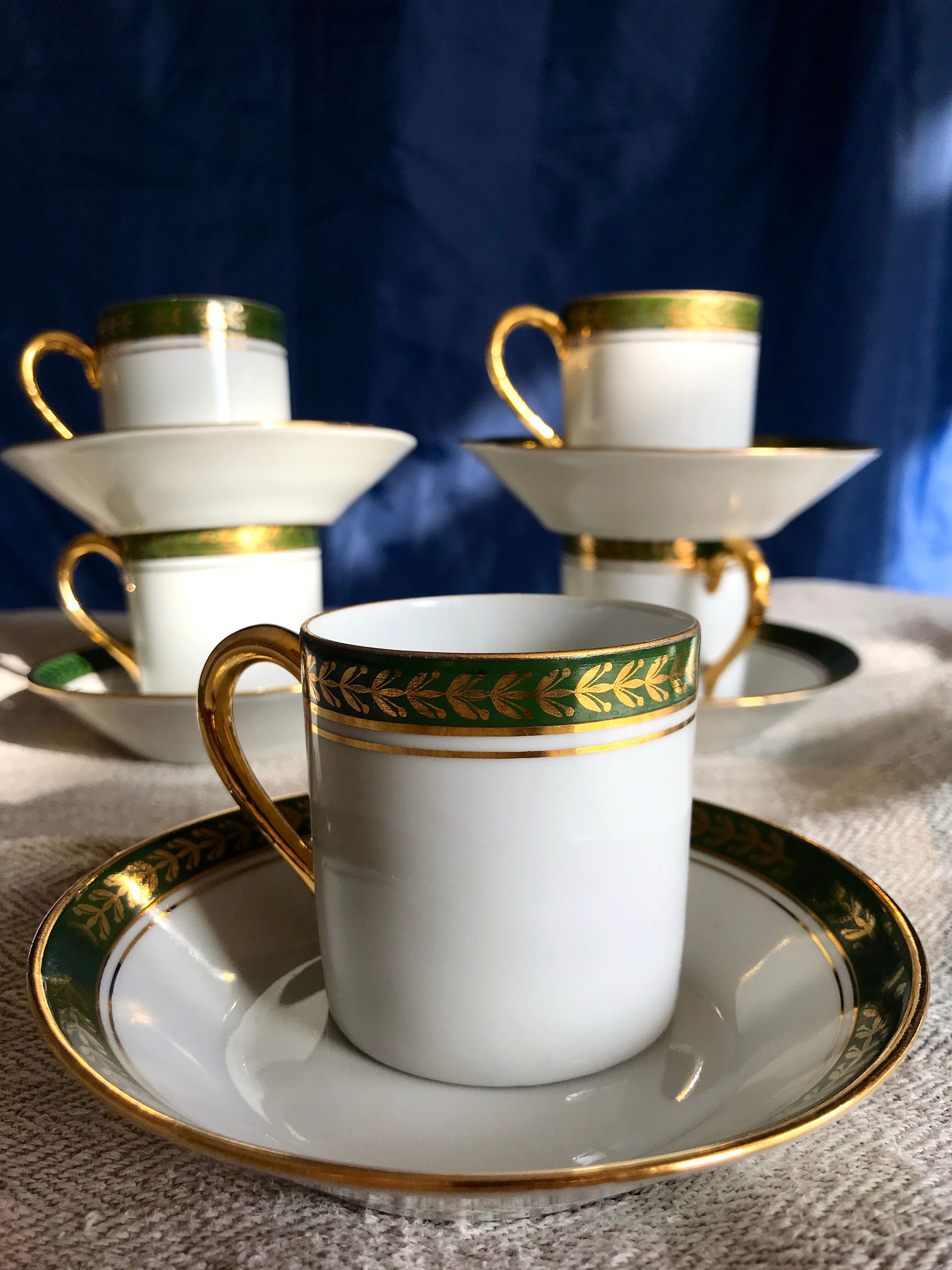 Vintage mocha set 5 coffee cups Napoleon porcelain white frieze green gold by hand