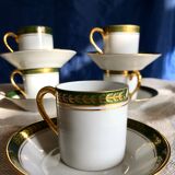 Vintage mocha set 5 coffee cups Napoleon porcelain white frieze green gold by hand