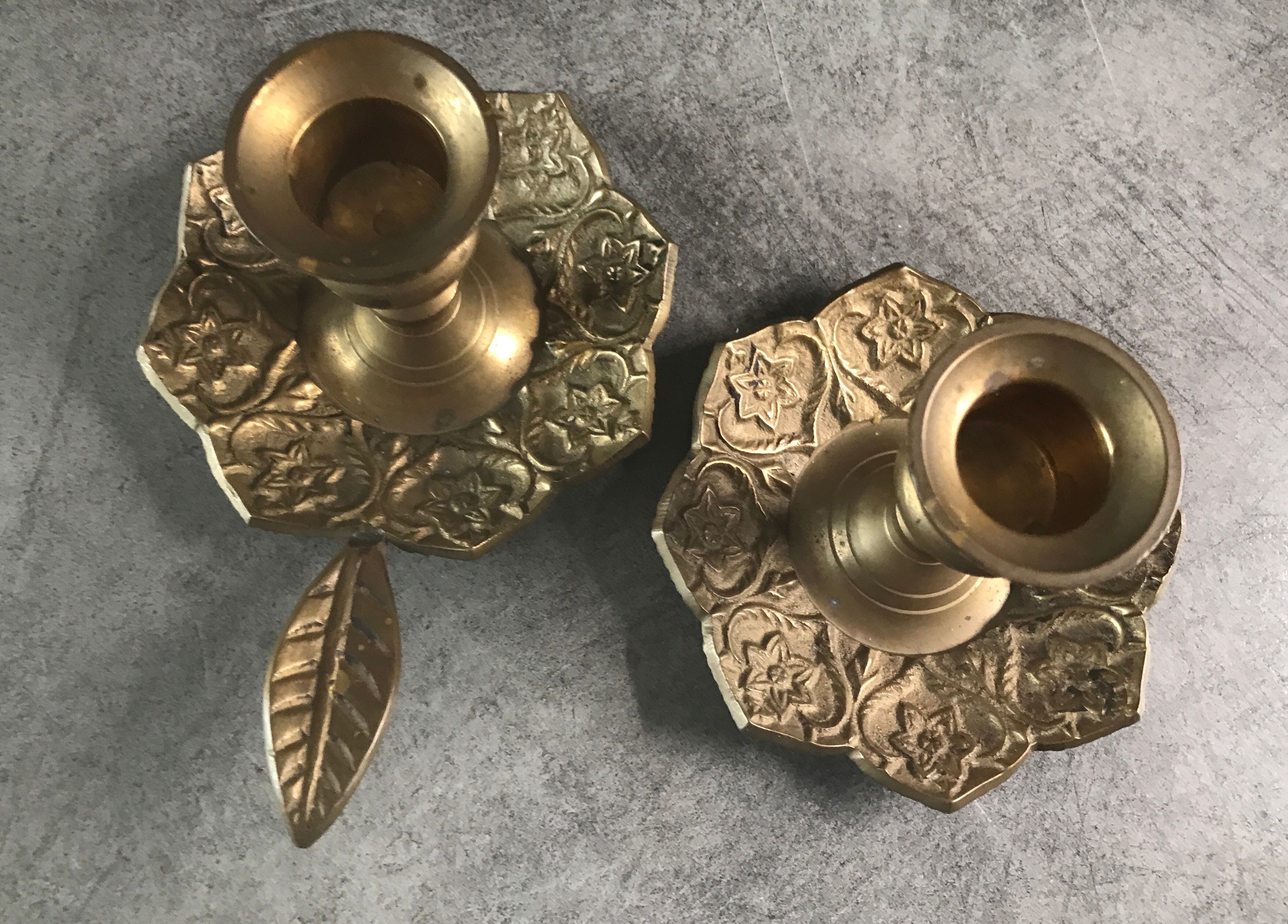 PAIR of BRASS table CANDLE HOLDERS with Flower Patterns