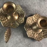 PAIR of BRASS table CANDLE HOLDERS with Flower Patterns